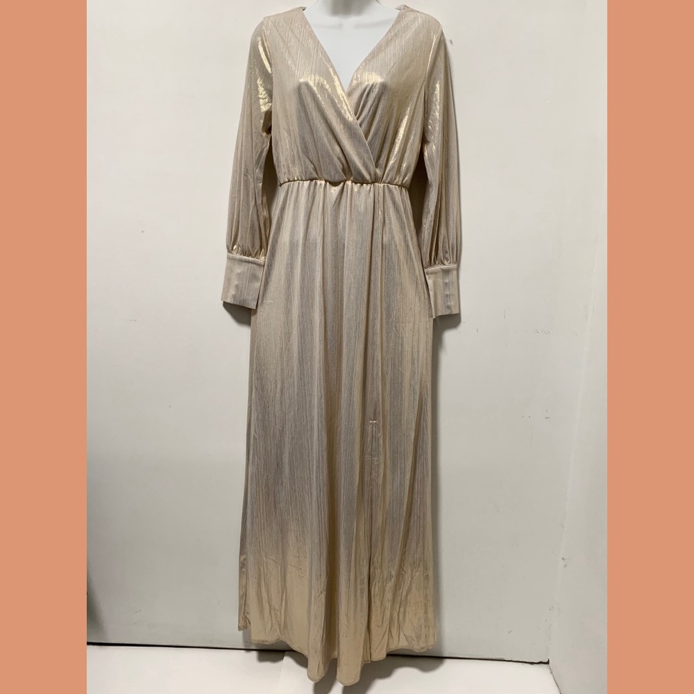 Pink Lily Wrap Gown V-Neck Maxi Metallic Gold Dress Bishop Sleeves S NWOT.